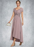 Kaila A-Line V-neck Asymmetrical Chiffon Lace Mother of the Bride Dress With Beading STI126P0014799