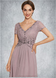 Kaila A-Line V-neck Asymmetrical Chiffon Lace Mother of the Bride Dress With Beading STI126P0014799