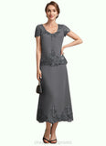 Marin A-Line Scoop Neck Tea-Length Chiffon Lace Mother of the Bride Dress With Sequins STI126P0014800