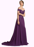 Athena A-Line Off-the-Shoulder Sweep Train Chiffon Lace Mother of the Bride Dress With Beading Sequins STI126P0014801