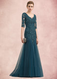 Ruby Trumpet/Mermaid V-neck Sweep Train Tulle Lace Mother of the Bride Dress With Beading Sequins STI126P0014804