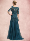 Ruby Trumpet/Mermaid V-neck Sweep Train Tulle Lace Mother of the Bride Dress With Beading Sequins STI126P0014804