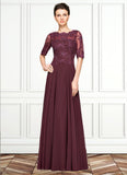 Violet A-Line Scoop Neck Floor-Length Chiffon Lace Mother of the Bride Dress With Beading Sequins STI126P0014810