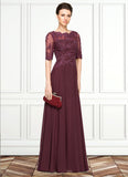 Violet A-Line Scoop Neck Floor-Length Chiffon Lace Mother of the Bride Dress With Beading Sequins STI126P0014810