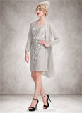 Bria Sheath/Column Scoop Neck Knee-Length Chiffon Lace Mother of the Bride Dress With Beading Sequins STI126P0014811