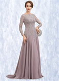 Taylor A-Line Scoop Neck Sweep Train Chiffon Lace Mother of the Bride Dress With Sequins STI126P0014819