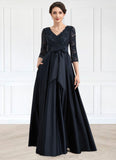 Monique A-Line V-neck Floor-Length Satin Lace Mother of the Bride Dress With Sequins Bow(s) Pockets STI126P0014820