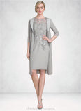 Lynn Sheath/Column Scoop Neck Knee-Length Chiffon Lace Mother of the Bride Dress With Ruffle Beading STI126P0014821