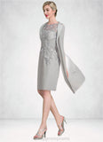 Lynn Sheath/Column Scoop Neck Knee-Length Chiffon Lace Mother of the Bride Dress With Ruffle Beading STI126P0014821