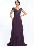 Rachael A-Line V-neck Sweep Train Chiffon Lace Mother of the Bride Dress With Ruffle Beading STI126P0014824