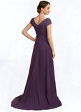 Rachael A-Line V-neck Sweep Train Chiffon Lace Mother of the Bride Dress With Ruffle Beading STI126P0014824