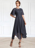 Alicia A-Line Scoop Neck Tea-Length Chiffon Lace Mother of the Bride Dress With Sequins STI126P0014830