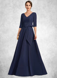 Zara A-Line V-neck Floor-Length Stretch Crepe Mother of the Bride Dress With Bow(s) STI126P0014831