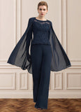 Addison Jumpsuit/Pantsuit Scoop Neck Floor-Length Chiffon Lace Mother of the Bride Dress With Beading STI126P0014836