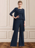 Addison Jumpsuit/Pantsuit Scoop Neck Floor-Length Chiffon Lace Mother of the Bride Dress With Beading STI126P0014836