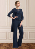 Addison Jumpsuit/Pantsuit Scoop Neck Floor-Length Chiffon Lace Mother of the Bride Dress With Beading STI126P0014836