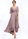 Brooklyn A-Line V-neck Asymmetrical Chiffon Mother of the Bride Dress With Ruffle Lace Beading STI126P0014839