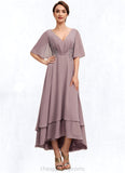 Brooklyn A-Line V-neck Asymmetrical Chiffon Mother of the Bride Dress With Ruffle Lace Beading STI126P0014839