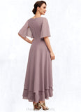 Brooklyn A-Line V-neck Asymmetrical Chiffon Mother of the Bride Dress With Ruffle Lace Beading STI126P0014839