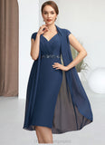 Thea Sheath/Column V-neck Knee-Length Chiffon Mother of the Bride Dress With Ruffle Beading Sequins STI126P0014847