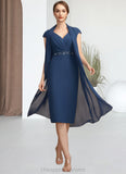 Thea Sheath/Column V-neck Knee-Length Chiffon Mother of the Bride Dress With Ruffle Beading Sequins STI126P0014847