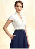 Yaritza A-Line V-neck Tea-Length Stretch Crepe Mother of the Bride Dress With Beading Sequins Pockets STI126P0014854