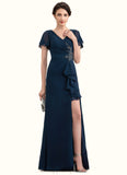 Amaya Sheath/Column V-neck Floor-Length Chiffon Mother of the Bride Dress With Beading Split Front Cascading Ruffles STI126P0014868