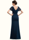 Amaya Sheath/Column V-neck Floor-Length Chiffon Mother of the Bride Dress With Beading Split Front Cascading Ruffles STI126P0014868