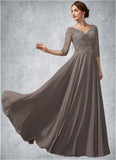 Paris A-Line V-neck Floor-Length Chiffon Lace Mother of the Bride Dress With Beading Sequins STI126P0014876