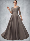 Paris A-Line V-neck Floor-Length Chiffon Lace Mother of the Bride Dress With Beading Sequins STI126P0014876