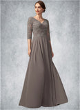 Paris A-Line V-neck Floor-Length Chiffon Lace Mother of the Bride Dress With Beading Sequins STI126P0014876