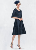 Leah A-Line Square Neckline Knee-Length Satin Mother of the Bride Dress With Appliques Lace STI126P0014877