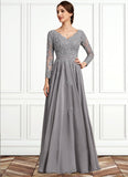 Ashly A-Line V-neck Floor-Length Chiffon Lace Mother of the Bride Dress STI126P0014881