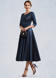 Hazel A-Line V-neck Tea-Length Satin Mother of the Bride Dress With Ruffle STI126P0014883