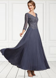 Catherine A-Line V-neck Ankle-Length Chiffon Lace Mother of the Bride Dress STI126P0014899