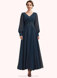 Lara A-Line V-neck Ankle-Length Chiffon Mother of the Bride Dress With Ruffle Beading Appliques Lace Sequins STI126P0014915