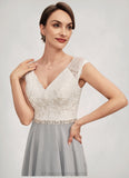 Lila A-Line V-neck Tea-Length Chiffon Lace Mother of the Bride Dress With Beading STI126P0014919