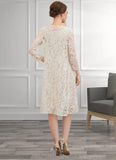 Angeline Sheath/Column V-neck Knee-Length Chiffon Lace Mother of the Bride Dress With Bow(s) STI126P0014924