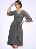 Emma Sheath/Column V-neck Knee-Length Chiffon Lace Mother of the Bride Dress With Beading Cascading Ruffles STI126P0014930