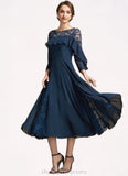 Lucy A-Line Scoop Neck Tea-Length Chiffon Lace Mother of the Bride Dress With Beading Cascading Ruffles STI126P0014952