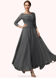 Stella A-Line Scoop Neck Ankle-Length Chiffon Lace Mother of the Bride Dress With Ruffle STI126P0014990