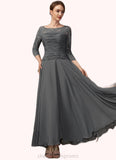 Stella A-Line Scoop Neck Ankle-Length Chiffon Lace Mother of the Bride Dress With Ruffle STI126P0014990