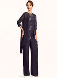 Melanie Jumpsuit/Pantsuit Scoop Neck Floor-Length Chiffon Lace Mother of the Bride Dress With Sequins STI126P0015010