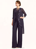 Melanie Jumpsuit/Pantsuit Scoop Neck Floor-Length Chiffon Lace Mother of the Bride Dress With Sequins STI126P0015010