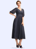 Paisley A-Line V-neck Tea-Length Chiffon Mother of the Bride Dress With Pleated STI126P0015012