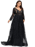 Cali Ball-Gown/Princess V-Neck Sweep Train Lace Tulle Evening Dress With Sequins STIP0020881