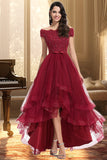 Victoria A-line Off the Shoulder Asymmetrical Lace Tulle Homecoming Dress With Beading Bow Sequins STIP0020535