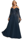 Kiera A-line Cold Shoulder Off the Shoulder Floor-Length Chiffon Lace Evening Dress With Sequins STIP0020901