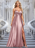 Leticia A-line V-Neck Floor-Length Stretch Satin Bridesmaid Dress STIP0025822