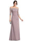 Ashleigh Sheath/Column Off the Shoulder Floor-Length Chiffon Lace Evening Dress With Pleated STIP0020860